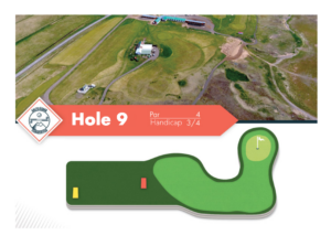 Hole 9 at Garðavöllur undir Jökli golf course, with par and handicap
